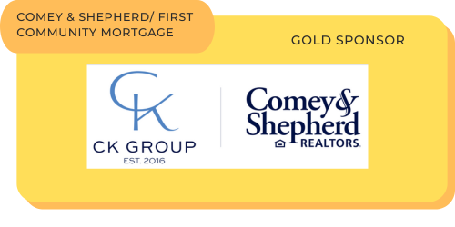 A yellow banner with black text announces 'Comey & Shepherd First Community Mortgage' at the top left, and 'Gold Sponsor' on the top right. Below the banner, a white rectangle displays the CK Group logo with a stylized 'CK' and the text 'EST. 2016,' alongside the Comey & Shepherd Realtors logo.