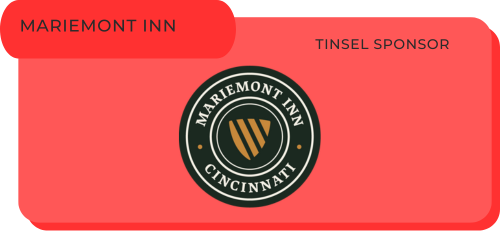 Marriemont Inn Cincinnati logo with Tinsel Sponsor text on a red background.