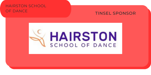 A red promotional card for Hairston School of Dance with the logo and text indicating Tinsel Sponsor.