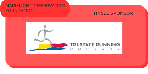 Logo of Tri-State Running Company with a running figure on a colorful trail, on a red background, with text for Mariemont Preservation Foundation and Tinsel Sponsor.