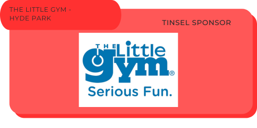 A promotional card for The Little Gym at Hyde Park, sponsored by Tinsel, with the logo and slogan 'Serious Fun' on a red background.
