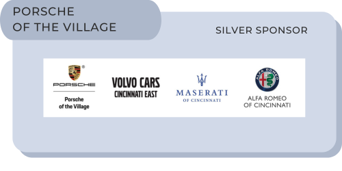 Logos of Porsche, Volvo Cars Cincinnati East, Maserati of Cincinnati, and Alfa Romeo of Cincinnati on a light blue background promoting Porsche of the Village as a silver sponsor.