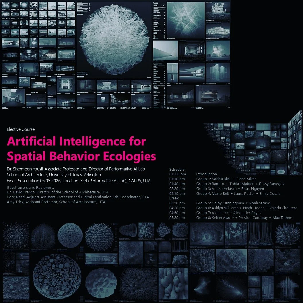 Excited to share the work of my students for the final presentation of my Elective: Artificial Intelligence for 
Spatial Behavior Ecologies

Guest Jurors and Reviewers:
Dr. David Franco, Director of the School of Architecture, UTA @dfrancosc00 
Cord 