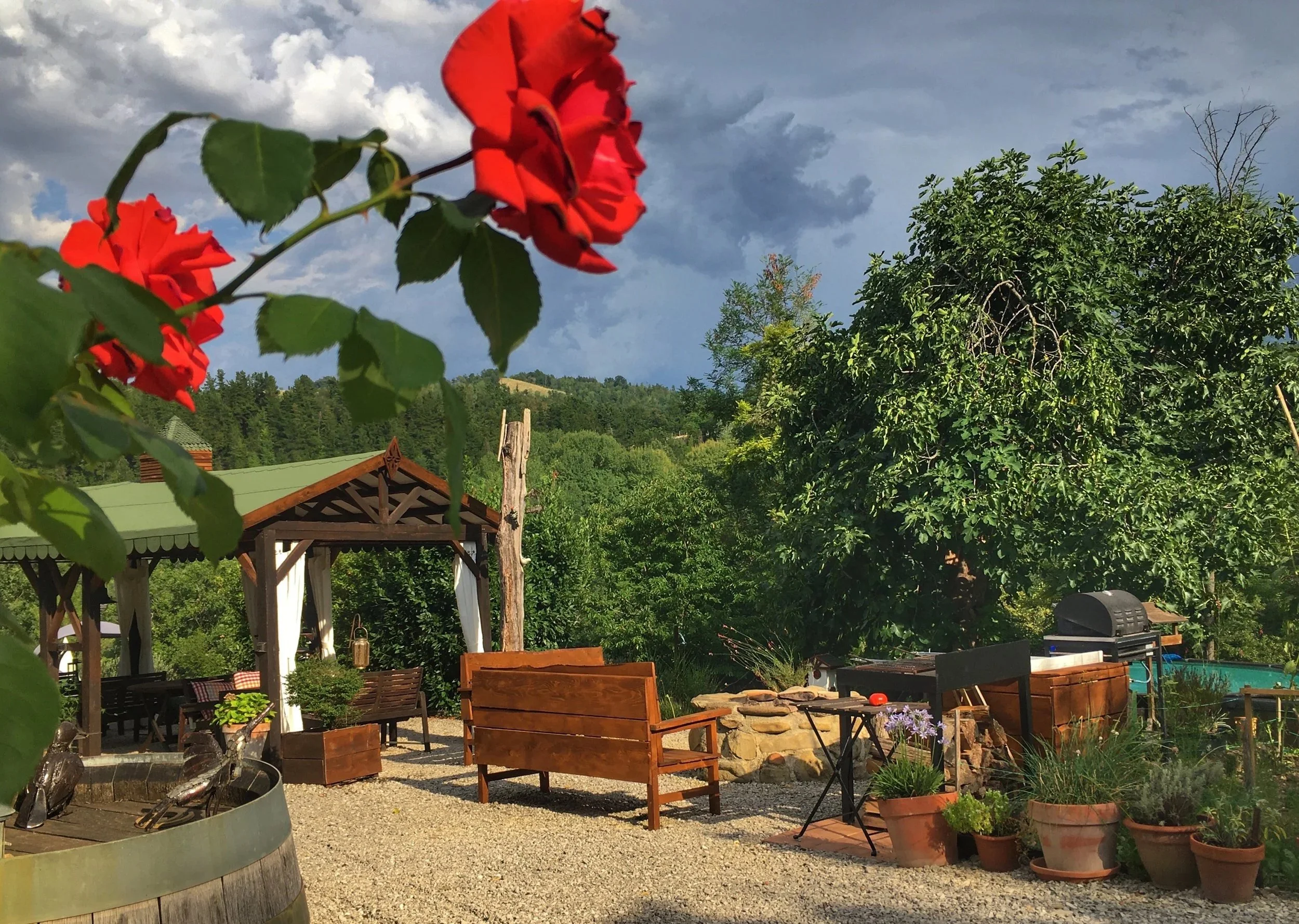 An outdoor garden patio area with wooden benches, a table, potted plants, a fire pit, and a pergola under a cloudy sky with a green hill in the background.