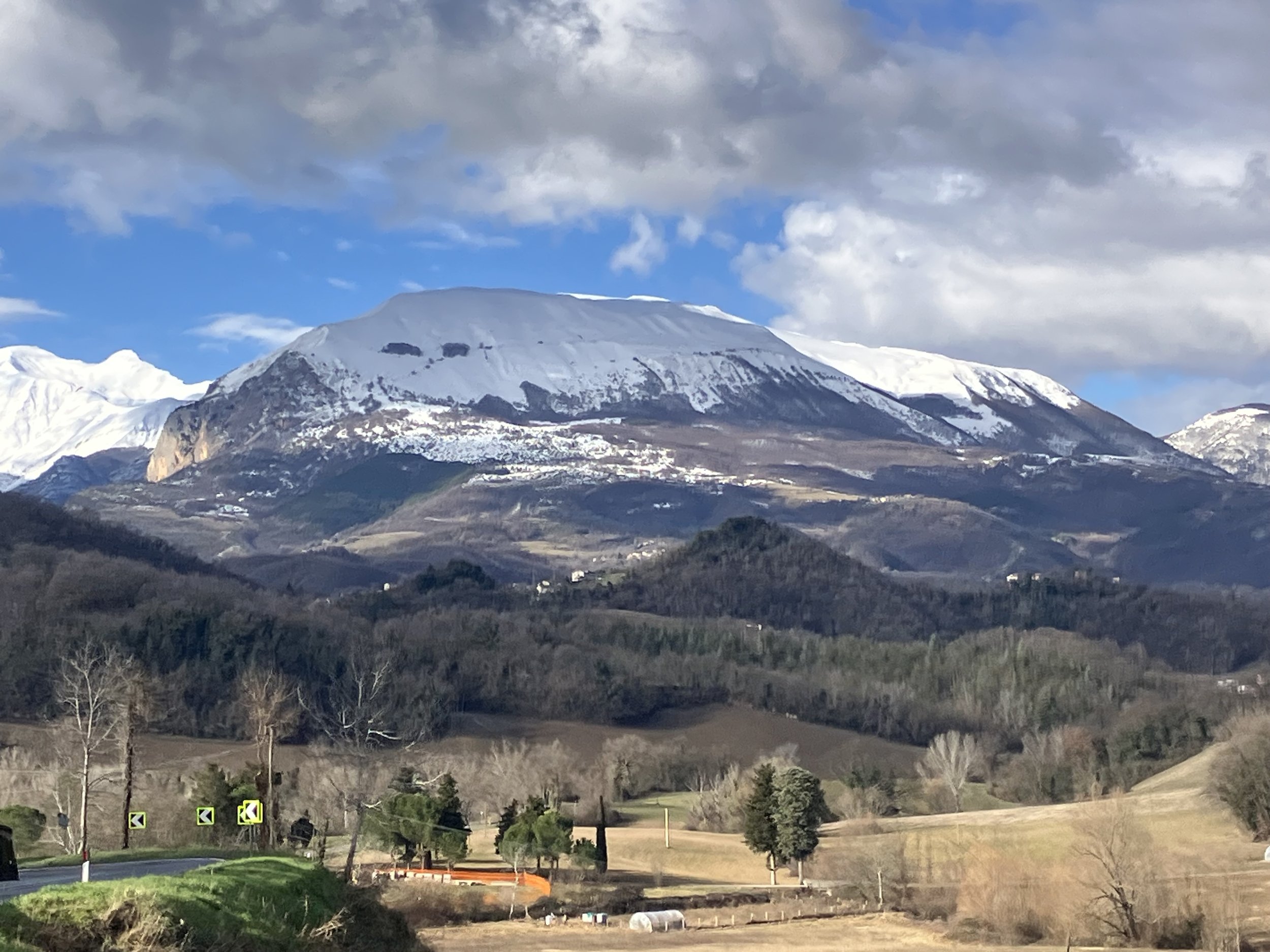 Snow-capped mountain under a partly cloudy sky with green hills and trees in the foreground.