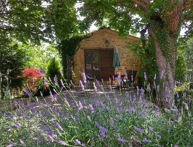 A rustic brick garden shed surrounded by lush green trees and blooming lavender flowers with a patio table, chairs, and an umbrella outside.