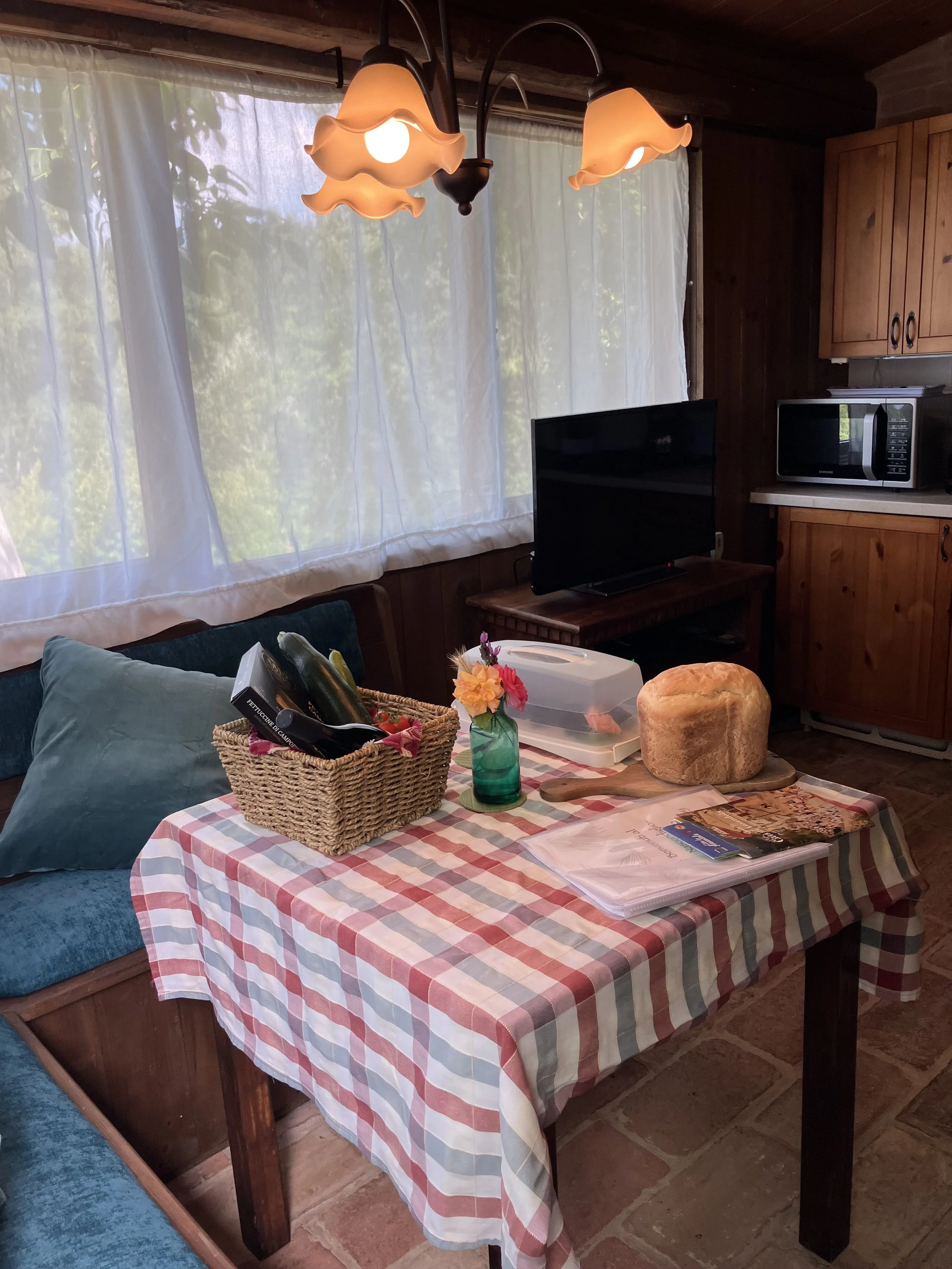 A cozy kitchen or dining area with a checkered tablecloth, a bread loaf, a basket of vegetables, and a small flower arrangement. There is a television, a microwave, and wooden cabinets, with sheer curtains on the window letting in natural light.