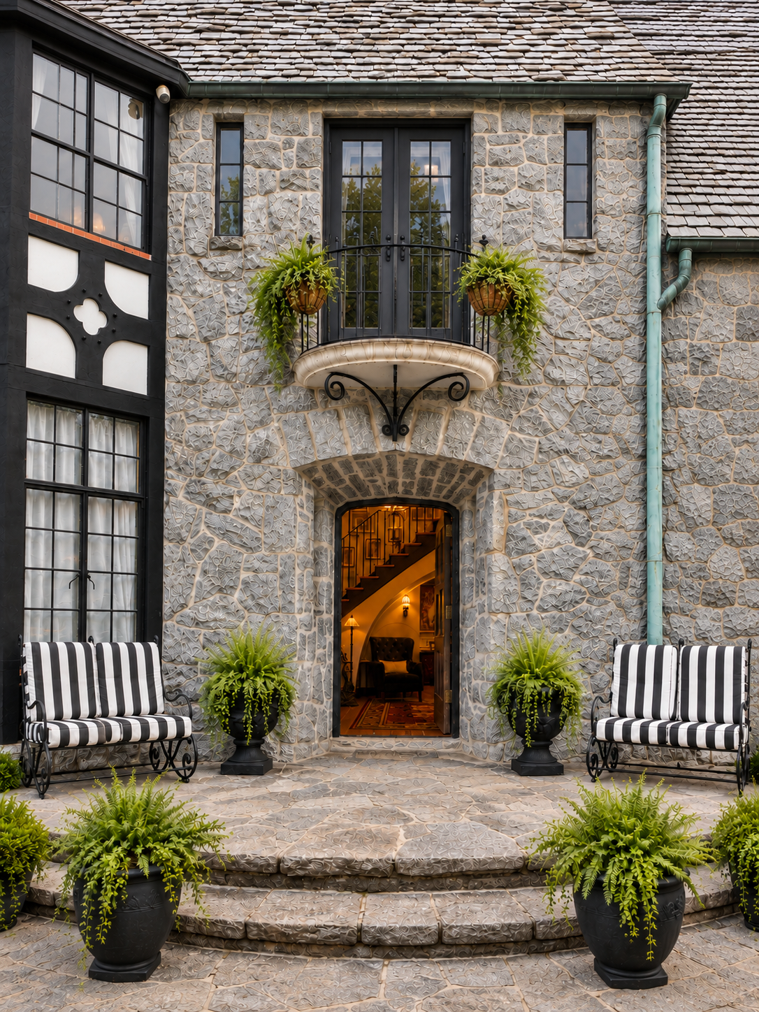 Stone front entrance with arched doorway and iron balconey