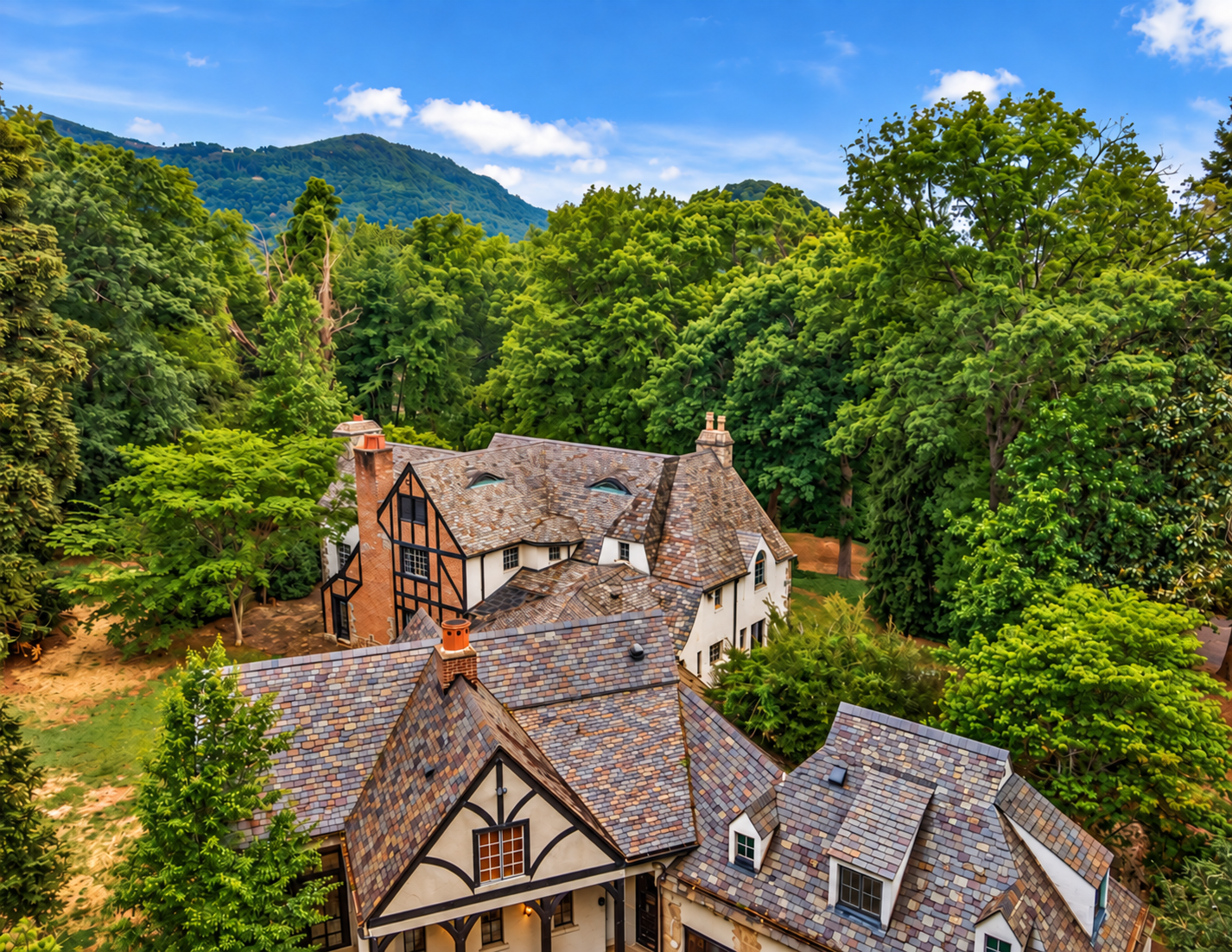 Aerial view of Dunwyck Hall's slate roofs set among 20 wooded acres and the Blue Ridge foothills