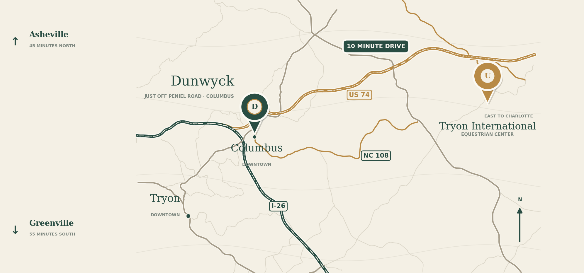 Map showing Dunwyck Hall in Columbus, NC, 10 minutes from Tryon International Equestrian Center