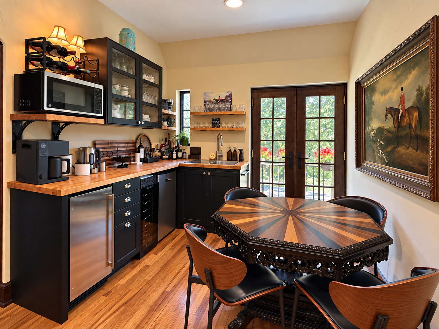 Morning Room kitchenette with coffee station and octagonal table