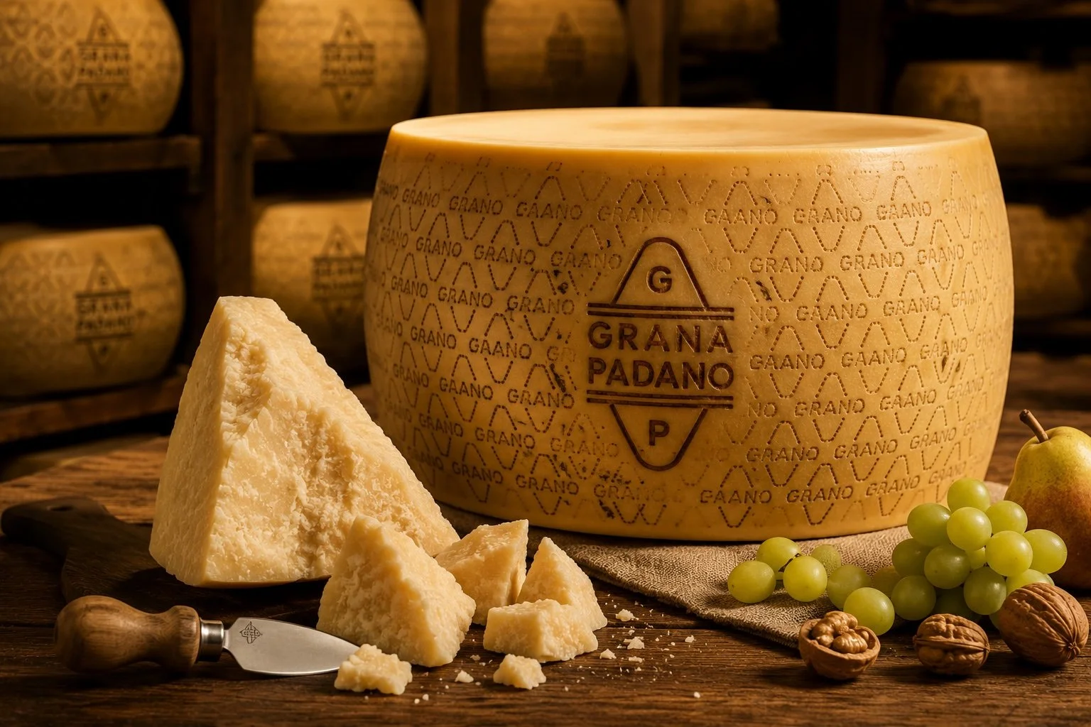 A large wheel of Grana Padano cheese with the brand logo, beside a wedge of cheese, grapes, walnuts, and an apple on a wooden table, with cheese wheels in the background.