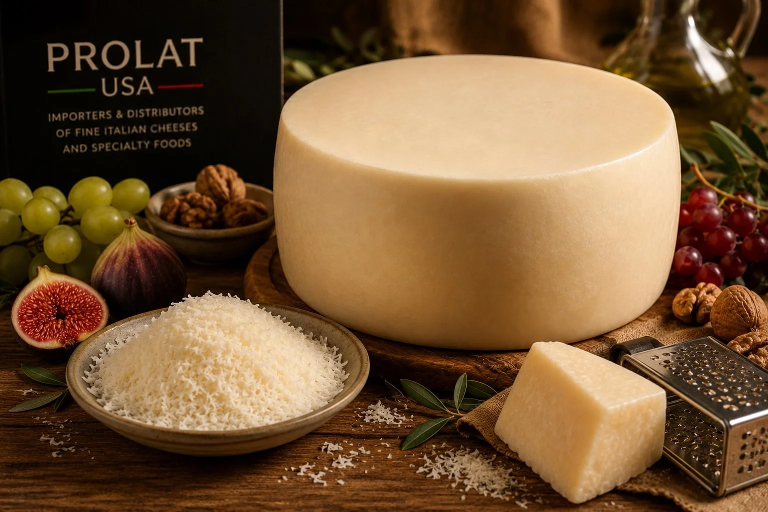 A large wheel of Parmesan cheese, a block of Parmesan cheese, a grate, and shredded cheese on a wooden table. Surrounding it are grapes, figs, walnuts, and olive oil, with a cheese box in the background.