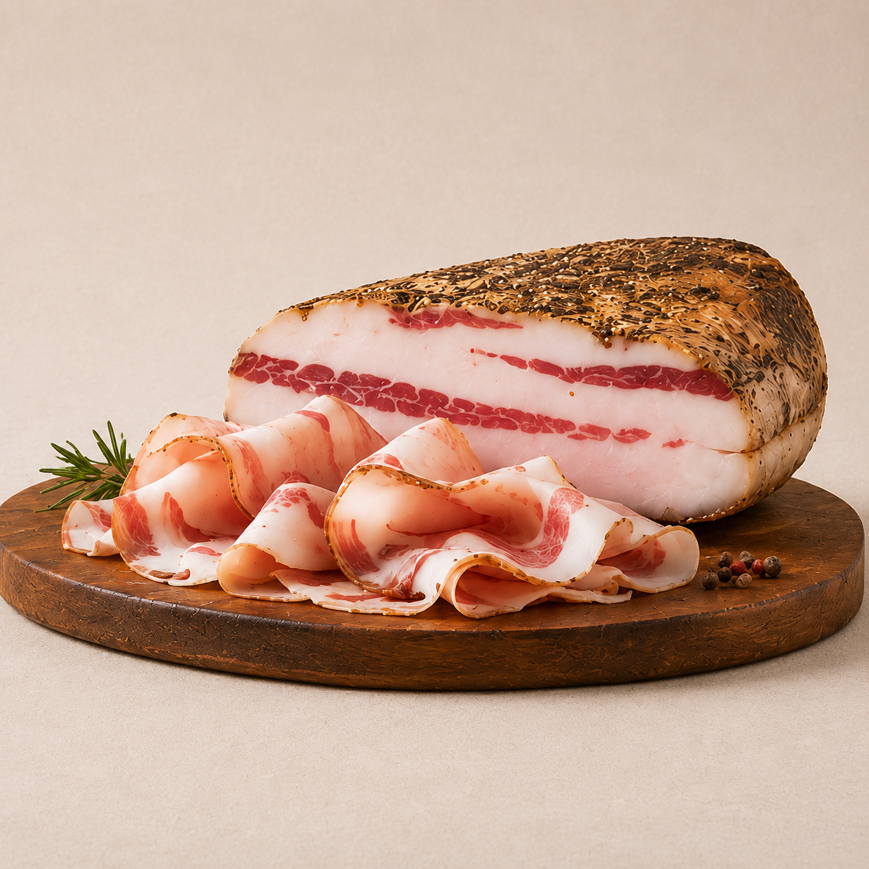 A large piece of cured meat, possibly ham, with a seasoned, black-spotted crust, placed on a wooden cutting board. Fresh slices of the meat are arranged on the board, garnished with a sprig of rosemary and whole peppercorns.