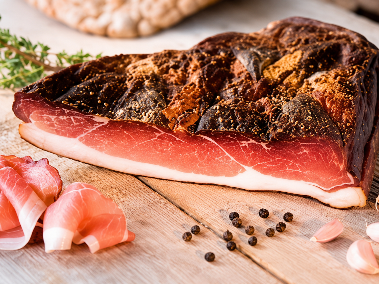A large piece of cured ham with a dark, seasoned rind on a wooden surface, surrounded by black peppercorns, garlic cloves, and slices of prosciutto.