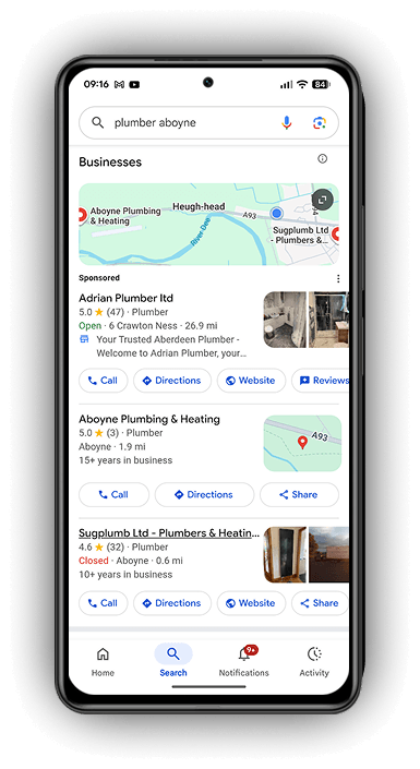 Mobile phone screen showing local Google Maps search results for a plumber in Aboyne.