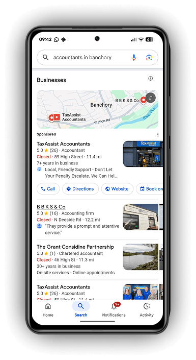 Mobile screen showing Google local map search results for accountants in Banchory Deeside.
