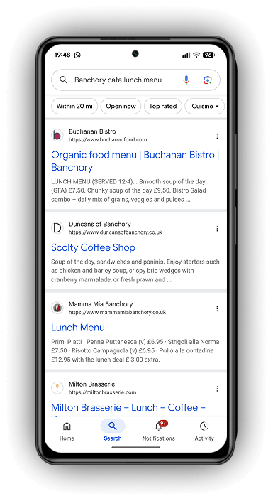 Mobile screen showing Google local map search results for cafe lunch menu in Banchory Deeside