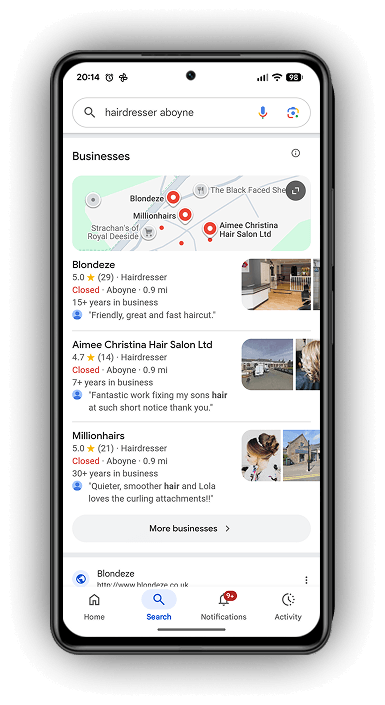 Mobile screen showing Google local map search results for hairdressers in Aboyne Deeside