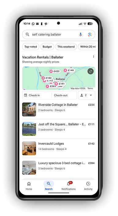 Mobile screen showing Google local map search results for self catering accommodation in Ballater Deeside