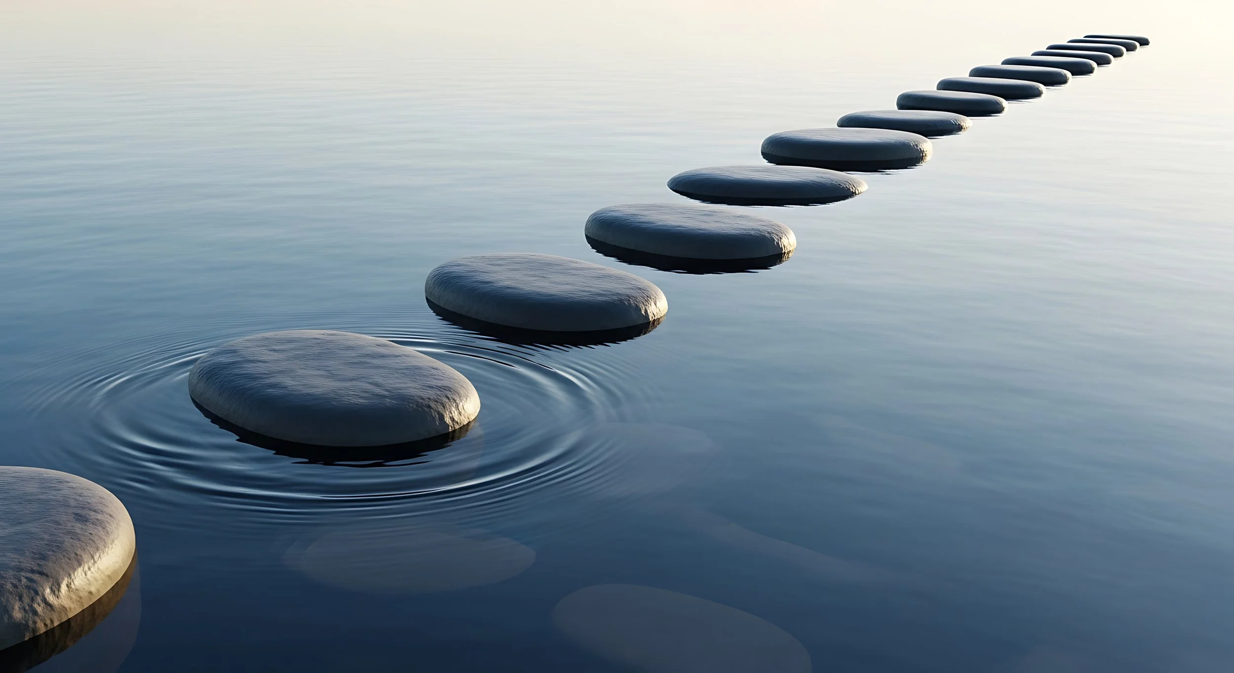 Stepping stones forming a path across calm water.