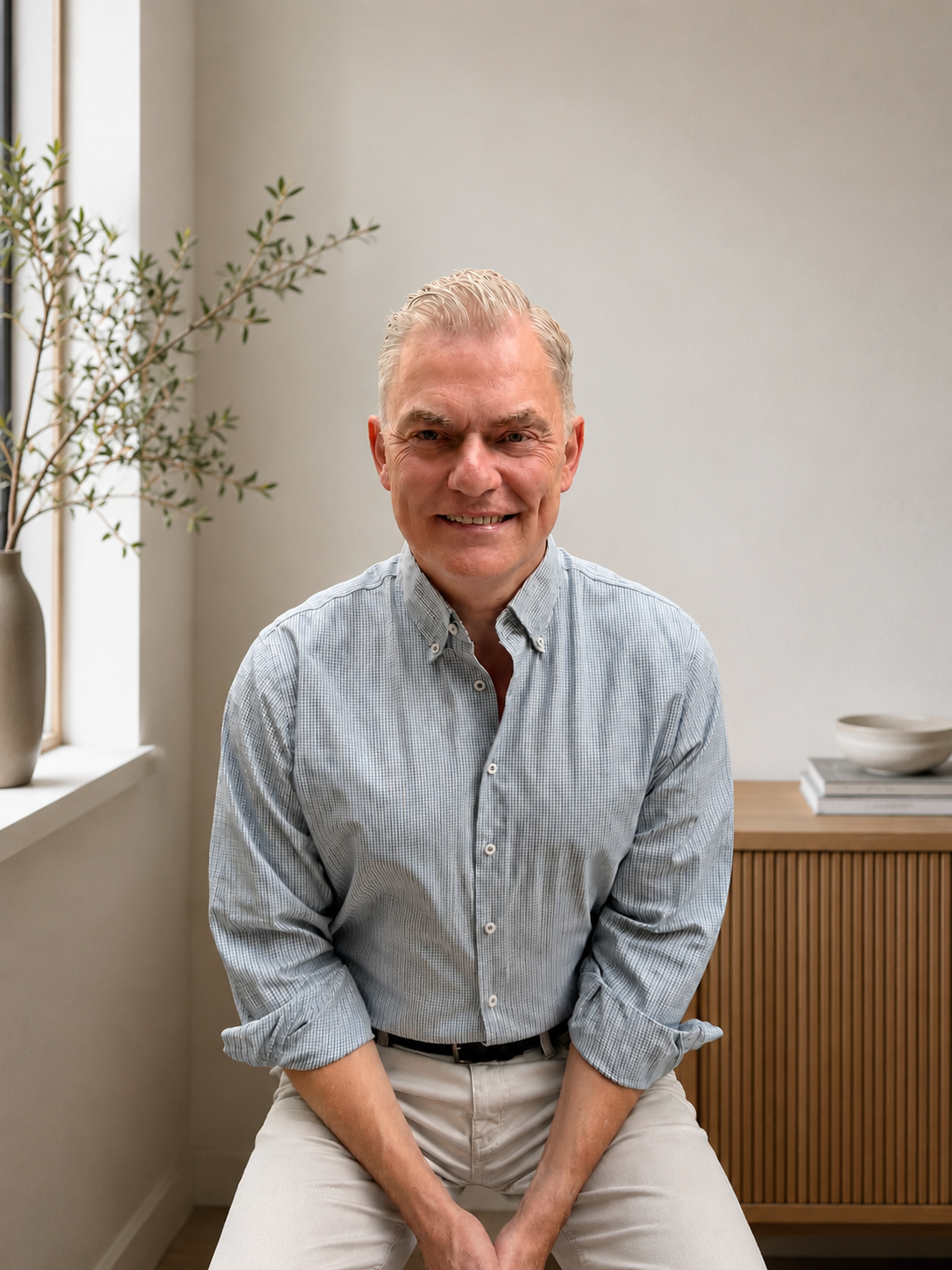Jakob Holm sitting in a relaxed, minimalist interior with natural light and plants.