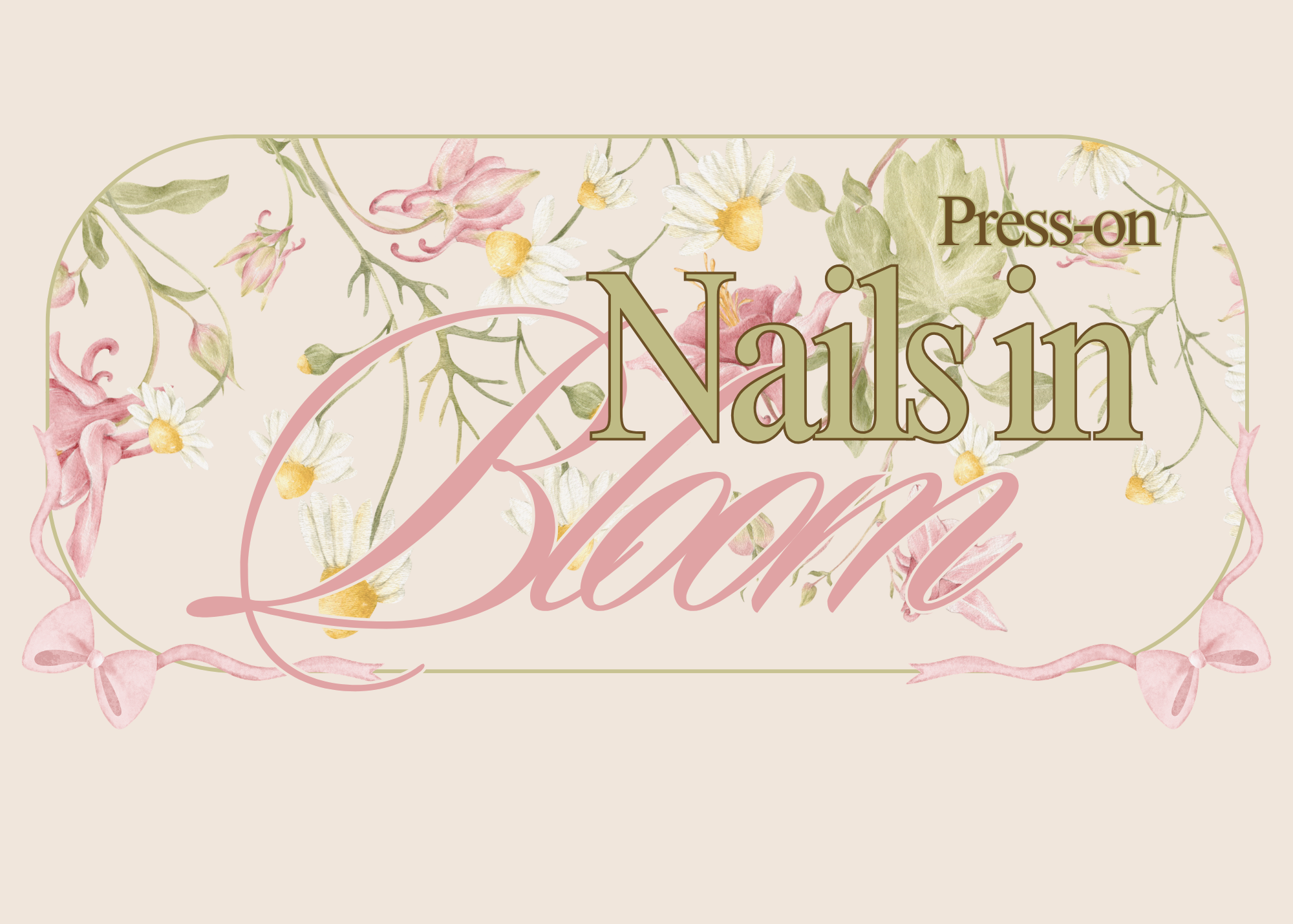 A pastel-colored floral-themed promotional graphic with the words 'Press-on Nails in' and decorative flowers and pink cursive writing.