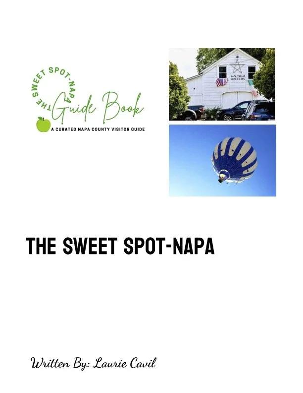 Cover page of a visitor guide titled 'The Sweet Spot-Napa,' featuring images of a barn with American flags, a hot air balloon, and a green apple logo.