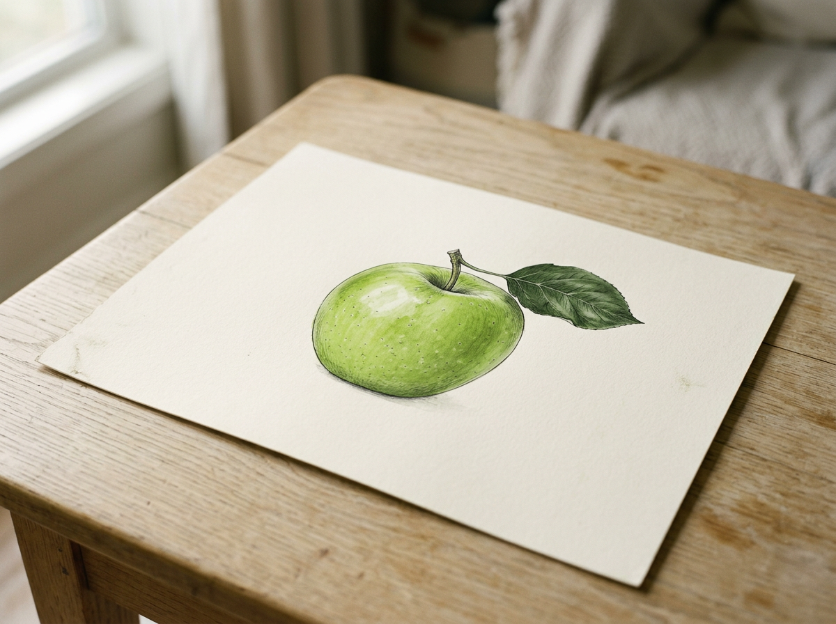 A watercolor painting of a green apple with a leaf, placed on a white sheet of paper on a wooden table.