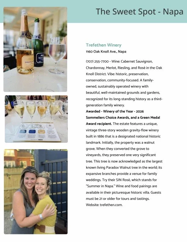 A flyer for The Sweet Spot in Napa featuring images of wine bottles, a glass of rosé wine, and a wine tasting session with several glasses of white wine. It includes details about Trefethen Winery, its location, awards, and the history of the estate, along with a photo of two women hugging outdoors.