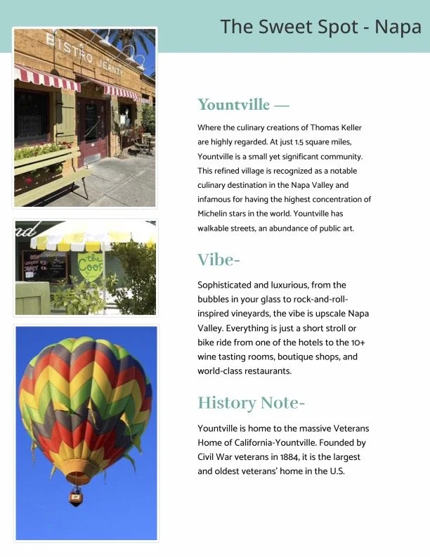 Three images of Yountville, California: the first shows a brick building with red and white striped awnings; the second displays a small storefront with outdoor seating, colorful signage, and greenery; the third features a hot air balloon with a vibrant rainbow pattern against a blue sky.
