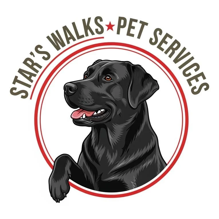 Logo for Star's Walks Pet Services featuring a black Labrador dog illustration and red circular border with brown text.