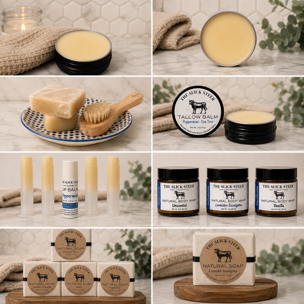 A collection of natural wellness and skincare products including body balm, soap, lip balm, and body whip with natural scents like peppermint, lavender-eucalyptus, and vanilla, displayed on a marble surface with towels, greenery, and a candle.
