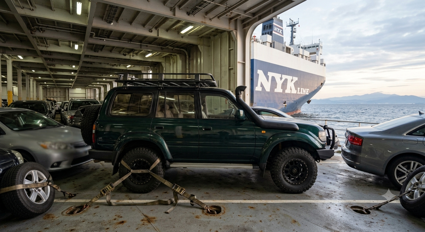 A green off-road vehicle secured with straps on a ferry, with a large ferry ship labeled NYK in the background at sea, under a cloudy sky.