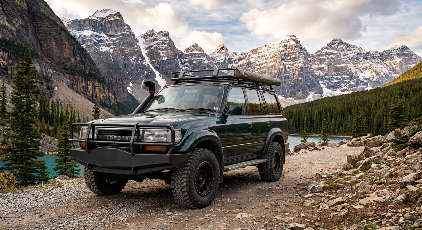 A dark green Toyota SUV is parked on a rocky dirt trail beside a lake, with snow-capped mountains and a forest in the background.