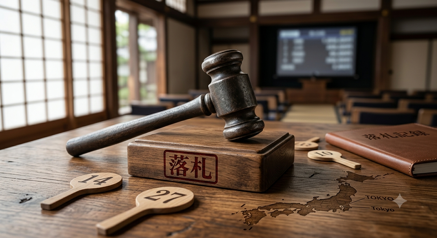 Auction gavel placed on a wooden block, odds and bid cards on a wooden table, and a map of Japan with Tokyo marked, in a traditional-style room with shoji screens and an electronic display in the background.