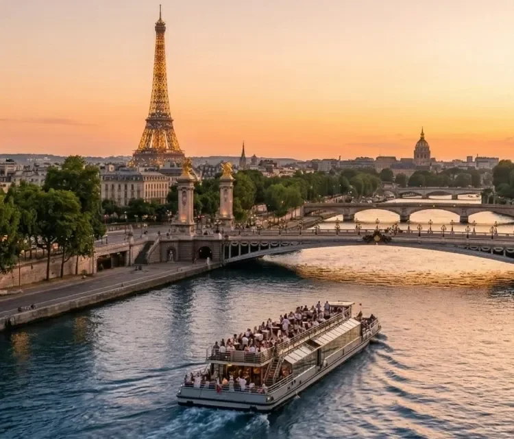 A boat filled with tourists glides on the Seine River in Paris during sunset, with the Eiffel Tower and historic bridges in the background.