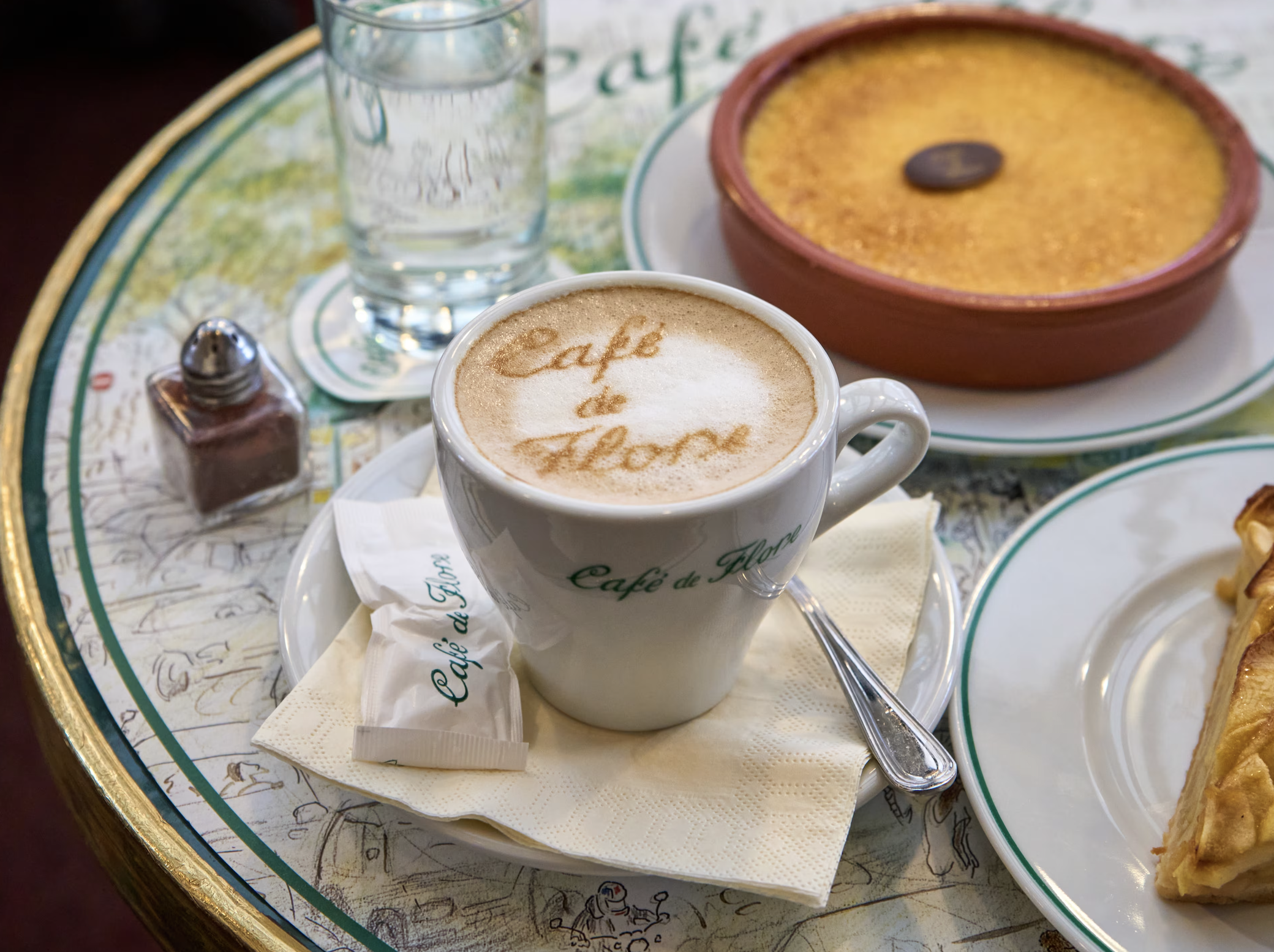 A breakfast tray with a cappuccino, a glass of water, a slice of cake, and a bowl of pudding with a coffee bean on top, on a round decorated table.