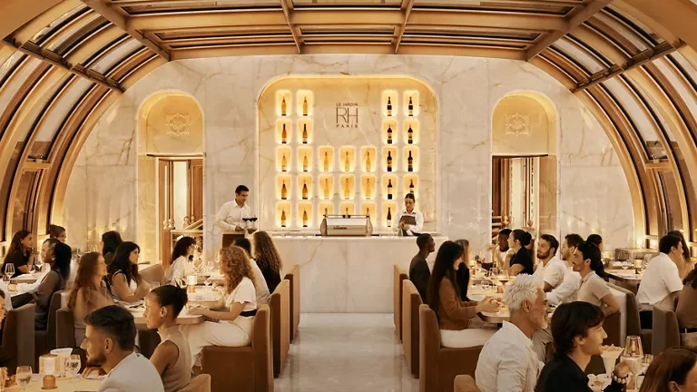 Elegant restaurant with arched ceiling, marble walls, and a lit display shelf behind the bar. Customers are seated at tables, enjoying meals, with staff serving behind the bar.