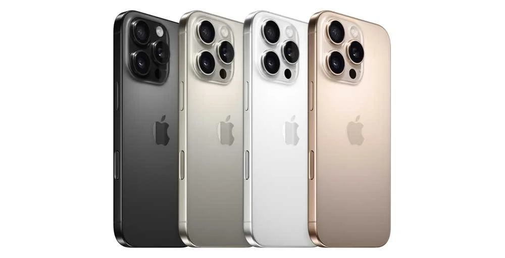 Four iPhones in black, silver, white, and gold, showing rear view with triple camera setup.
