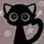 A cartoon black cat with large round eyes, a long curved tail, and a simple body, set against a purple background with small star and moon icons.