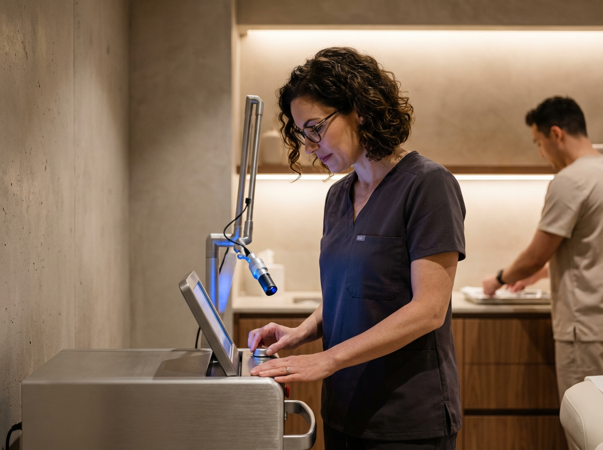 A female healthcare professional with curly hair and glasses operating a medical scanner or diagnostic device in a modern clinic or hospital setting, with a male colleague working in the background.