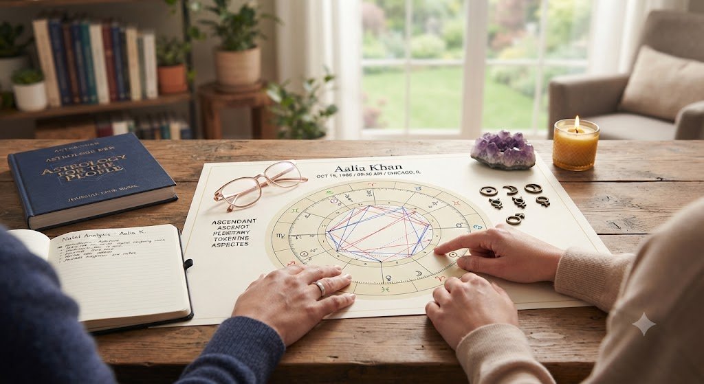 Two people studying astrology at a wooden table with a natal chart, books, glasses, crystals, and candles, near a window with a view of a backyard.
