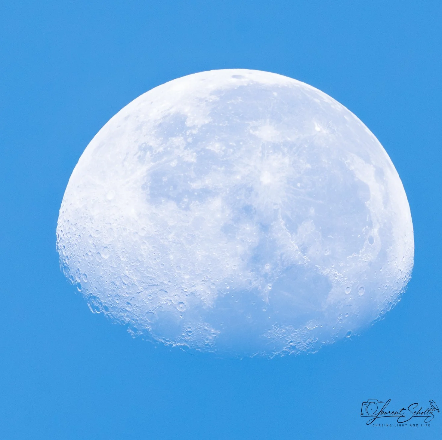 Close-up of the moon against a clear blue sky.