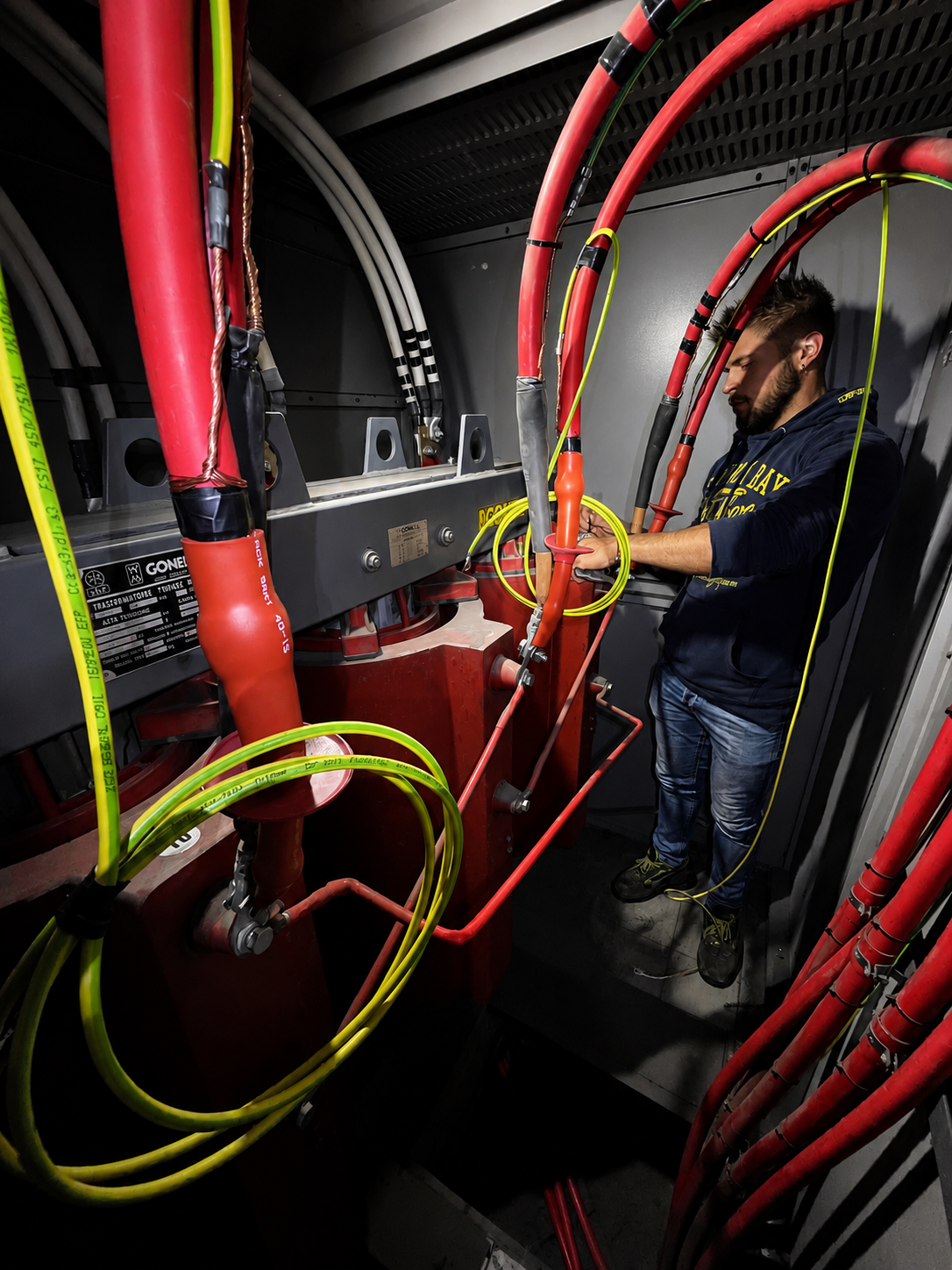 Un uomo sta lavorando con cavi e strumenti in un ambiente tecnico o di cabina, circondato da cavi rossi, gialli e neri.