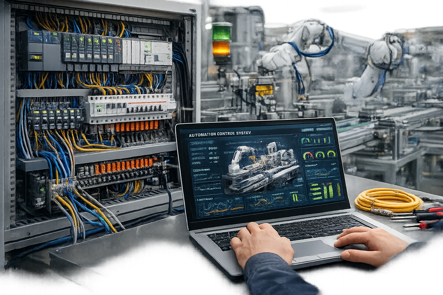 Un tecnico che controlla un sistema di automazione industriale utilizzando un laptop con interfaccia grafica di controllo, in un ambiente con robot industriali e pannelli di controllo elettronici.
