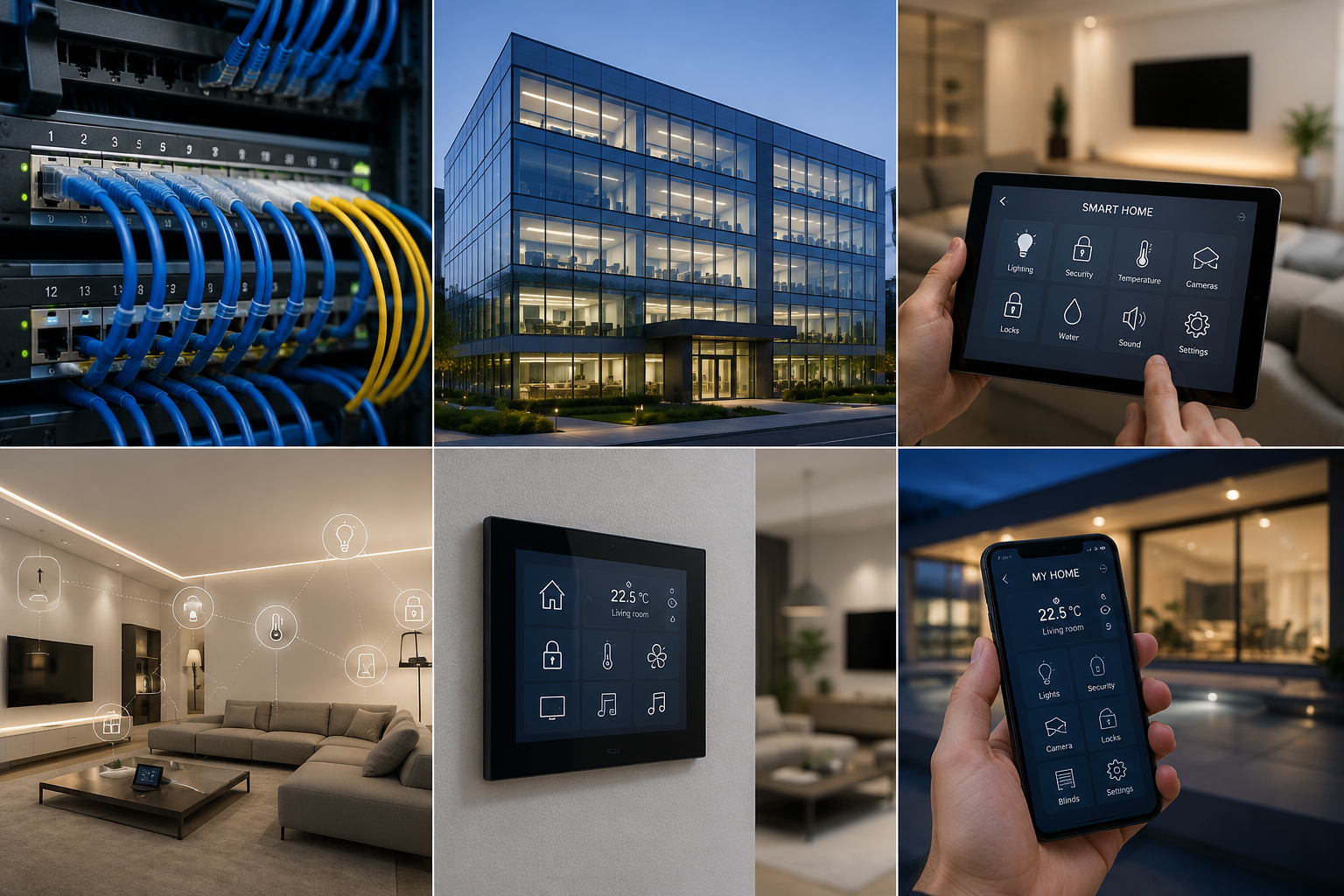 Una serie di immagini che mostrano la tecnologia smart home, inclusa una rete di cablaggi, un edificio moderno, un tablet, un sistema di domotica wall-mounted, e uno smartphone con app di controllo domotico.