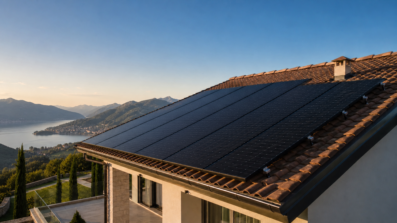 Tetto di una casa con pannelli solari, vista panoramica su un lago e montagne al tramonto