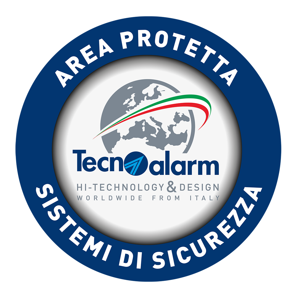 Logotipo di Tecnoalarm con mappa del mondo, scritte in italiano e inglese, e un bordo blu con scritto 'Area Protetta Sistemi di Sicurezza'.