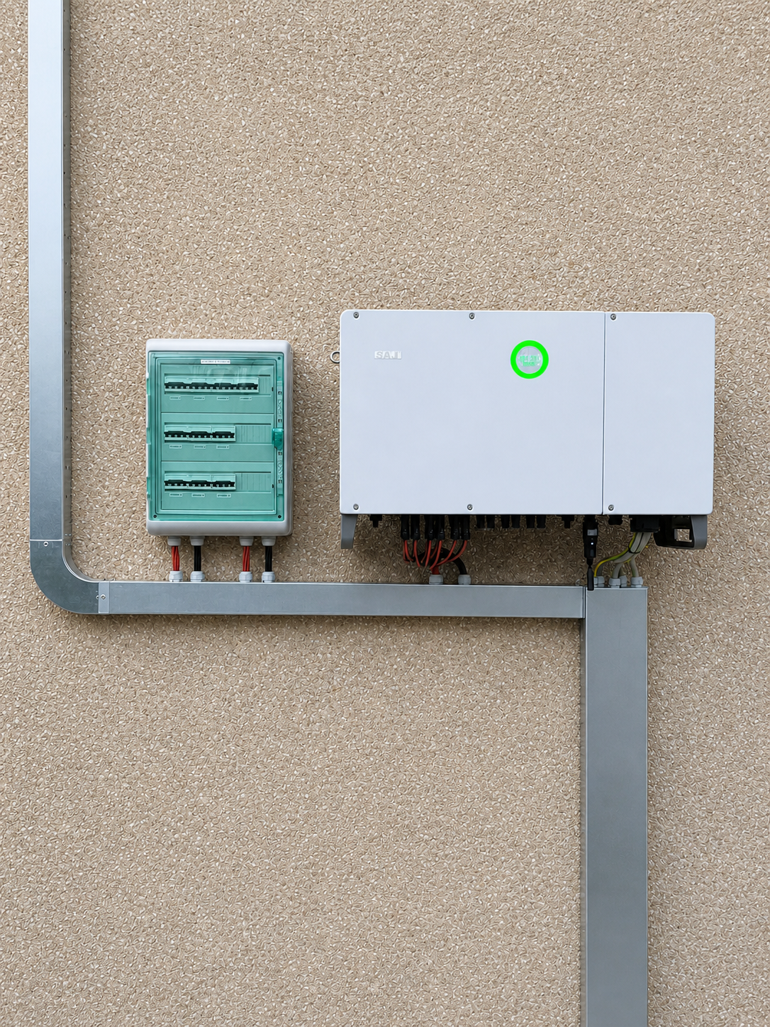 Quadro elettrico e pannello di distribuzione elettrica fissati a una parete beige, con cavi e una tubazione in metallo.